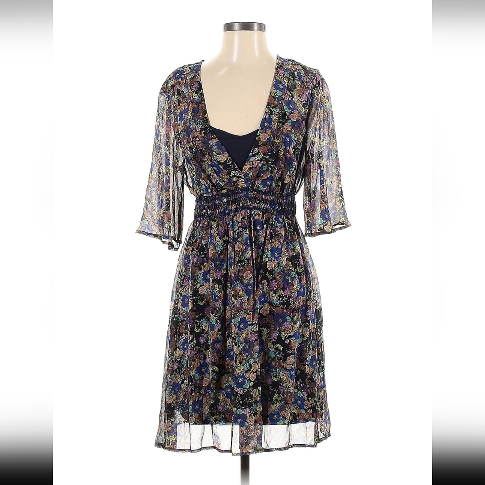 Ella Moss Dress M Navy Blue Silk 100% Floral Babydoll Y2K 90s Fairy Grunge